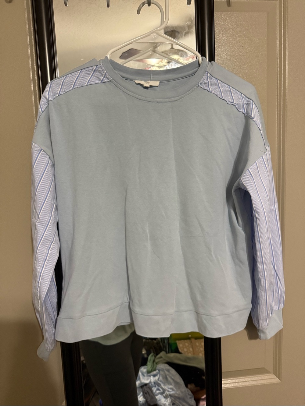 Oh Light Blue Pullover Sweatshirt with Striped Sleeve Panels made by joh